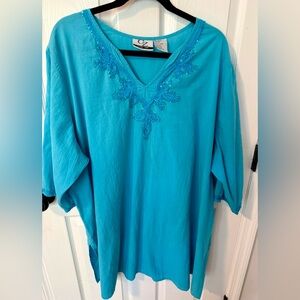 CZ Cover-Ups Turquoise 100% Cotton Sequin Tunic - Plus Size 3X - Resort Wear